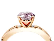 Solitaire Engagement Ring Setting for Fancy Pink Oval Center with Milgrain-Edged Pave Band and Prong Head in Rose Gold