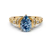 Solitaire Engagement Ring Setting for Fancy Blue Pear-Shaped Center with Filigree Band and Prong Head in Yellow Gold