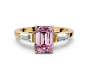3 Stone Engagement Ring Setting for Fancy Pink Emerald Cut Center with Baguette Accents and Prong Head in Yellow Gold
