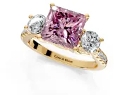 3 Stone Engagement Ring Setting for Fancy Pink Princess Cut Center with Crossover Basket, Pave Band and Prong Head in Yellow Gold
