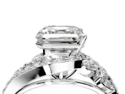 Halo Engagement Ring Setting for Asscher Cut Center with Marquise and Pave Bypass Band and Prong Head in Sterling Silver