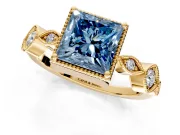 Vintage Station Engagement Ring Setting for Fancy Blue Princess Cut Center with Accents and Prong Head in Yellow Gold