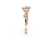 Leaf Motif Engagement Ring Setting for Oval Center with Pave Band and Prong Head in Rose Gold