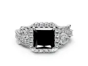 Bypass Halo Engagement Ring Setting for Fancy Black Princess Cut Center with Bezel Accents, Milgrain and Prong Head in Platinum