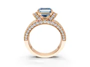 Pave Engagement Ring Setting for Fancy Blue Asscher Cut Center with Curved Accent Rows, Openwork and Prong Head in Rose Gold