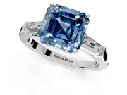 3 Stone Engagement Ring Setting for Fancy Blue Asscher Cut Center with Tapered Baguettes, Plain Band and Prong Head in Platinum