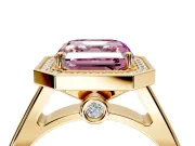 Halo Engagement Ring Setting for Fancy Pink Asscher Cut Center with Outer Bezel Rim, Pave Band and Prong Head in Yellow Gold