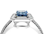 Milgrain Halo Engagement Ring Setting for Fancy Blue Emerald Cut Center with Three-Sided Pave Band and Prong Head in Platinum