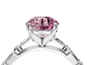 Baguette Engagement Ring Setting for Fancy Pink Round Cut Center with Alternating Bar-Set Band and Prong Head in White Gold