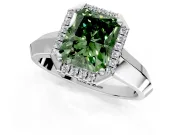 Halo Engagement Ring Setting for Fancy Green Radiant Cut Center with Knife Ridge Cathedral Band and Prong Head in Platinum