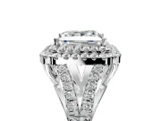 Double Halo Engagement Ring Setting for Princess Cut Center with Narrow Pave Split Shank and Prong Head in Platinum
