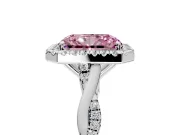 Halo Engagement Ring Setting for Fancy Pink Radiant Cut Center with Twist Band and Prong Head in Platinum