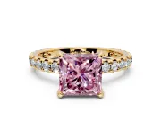Solitaire Engagement Ring Setting for Fancy Pink Princess Cut Center with Shared-Prong Accents and Prong Head in Yellow Gold