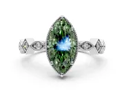 Milgrain Bezel Engagement Ring Setting for Fancy Green Marquise Center with Marquise Stations and Bezel Head in Sterling Silver