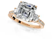 3 Stone Engagement Ring Setting for Asscher Cut Center with Round Cut Side Accents and Prong Head in Rose Gold