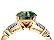 Bar-Set Engagement Ring Setting for Fancy Green Round Cut Center with Tapered Baguette Accents and Prong Head in Yellow Gold