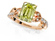 Leaf Motif Engagement Ring Setting for Fancy Yellow Emerald Cut Center with Pave Band and Prong Head in Rose Gold