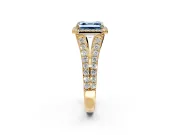 Halo Engagement Ring Setting for Fancy Blue Asscher Cut Center with Narrow Pave Split Shank and Prong Head in Yellow Gold