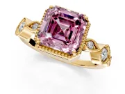 Vintage Station Engagement Ring Setting for Fancy Pink Asscher Cut Center with Accents and Prong Head in Yellow Gold