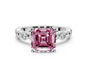 Solitaire Engagement Ring Setting for Fancy Pink Asscher Cut Center with Beaded Bezel Station Band and Prong Head in Sterling Silver