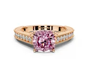 Solitaire Engagement Ring Setting for Fancy Pink Cushion Cut Center with Engraved Pave Band and Prong Head in Rose Gold