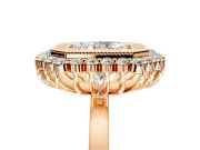 Halo Engagement Ring Setting for Radiant Cut Center with Milgrain Bezel Rim, Plain Band and Prong Head in Rose Gold