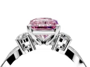 3 Stone Engagement Ring Setting for Fancy Pink Radiant Cut Center with Pave Twist Band and Prong Head in White Gold