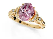Solitaire Engagement Ring Setting for Fancy Pink Oval Center with Filigree Band and Prong Head in Yellow Gold