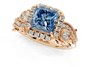 Milgrain Halo Engagement Ring Setting for Fancy Blue Princess Cut Center with Shoulder Bezels and Prong Head in Rose Gold