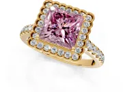 Milgrain Floral Halo Engagement Ring Setting for Fancy Pink Princess Cut Center with Pave Band and Prong Head in Yellow Gold