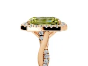 Halo Engagement Ring Setting for Fancy Yellow Emerald Cut Center with Twist Band and Prong Head in Rose Gold