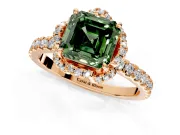 Halo Engagement Ring Setting for Fancy Green Asscher Cut Center with Openwork Halo, Pave Band and Prong Head in Rose Gold
