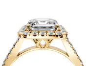 Halo Engagement Ring Setting for Asscher Cut Center with Raised Halo, Pave Band and Prong Head in Yellow Gold