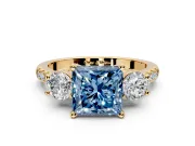 3 Stone Engagement Ring Setting for Fancy Blue Princess Cut Center with Crossover Basket, Pave Band and Prong Head in Yellow Gold