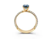 Solitaire Engagement Ring Setting for Fancy Blue Emerald Cut Center with Domed Multi-Row Pave Band and Prong Head in Yellow Gold