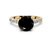 Baguette Engagement Ring Setting for Fancy Black Round Cut Center with Alternating Bar-Set Band and Prong Head in Yellow Gold