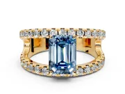 Solitaire Engagement Ring Setting for Fancy Blue Emerald Cut Center with Wide-Open Split Shank and Prong Head in Yellow Gold