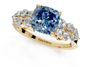 Cluster Engagement Ring Setting for Fancy Blue Cushion Cut Center with 2-Row Shoulder Clusters and Prong Head in Yellow Gold