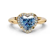 Halo Engagement Ring Setting for Fancy Blue Heart-Shaped Center with Tapered Plain Band and Prong Head in Yellow Gold