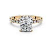 Solitaire Engagement Ring Setting for Radiant Cut Center with Fine Pave Band and Claw Prong Head in Yellow Gold