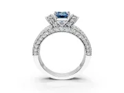 Pave Engagement Ring Setting for Fancy Blue Emerald Cut Center with Curved Accent Rows, Openwork and Prong Head in Platinum