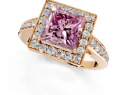 Bezel-Framed Halo Engagement Ring Setting for Fancy Pink Princess Cut Center with Pave Band and Prong Head in Rose Gold