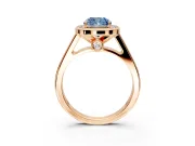 Halo Engagement Ring Setting for Fancy Blue Cushion Cut Center with Outer Bezel Rim, Pave Band and Prong Head in Rose Gold