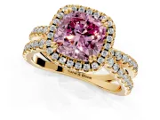 Halo Engagement Ring Setting for Fancy Pink Cushion Cut Center with Double Pave Split Shank and Prong Head in Yellow Gold