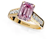 Solitaire Engagement Ring Setting for Fancy Pink Emerald Cut Center with Cathedral Channel Band and Prong Head in Yellow Gold