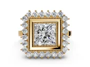 Halo Engagement Ring Setting for Princess Cut Center with Milgrain Bezel Rim, Plain Band and Prong Head in Yellow Gold