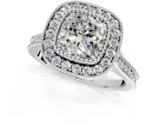 Halo Engagement Ring Setting for Cushion Cut Center with Milgrain Frame, Pave Band and Prong Head in Platinum