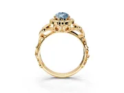 Halo Engagement Ring Setting for Fancy Blue Pear-Shaped Center with Open Scroll Shoulders and Prong Head in Yellow Gold