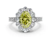 Halo Engagement Ring Setting for Fancy Yellow Oval Center with Milgrain Channel Band and Prong Head in Platinum