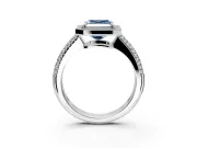 Milgrain Halo Engagement Ring Setting for Fancy Blue Asscher Cut Center with Three-Sided Pave Band and Prong Head in Platinum
